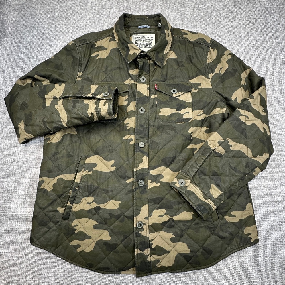 Levi's Cotton Diamond Quilted‎ Shirt Jacket Mens XL Green Camouflage Zip Shacket - Picture 2 of 13